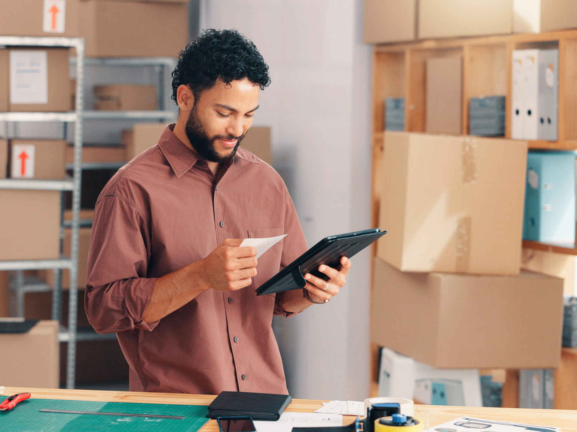 Business owner reviewing operations on a tablet in his workspace